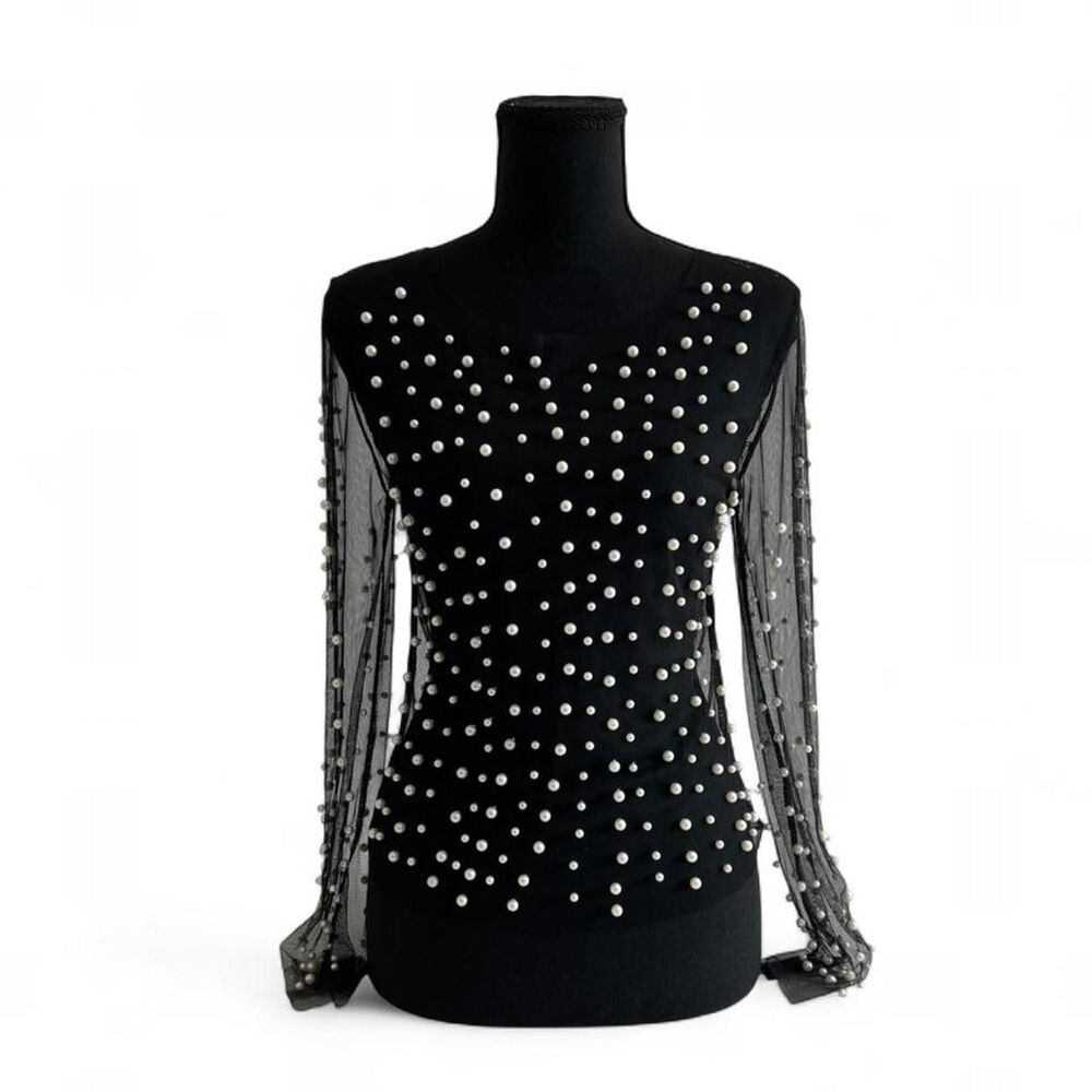 Black Sheer Long Sleeve Top with Pearl Detail Size Small